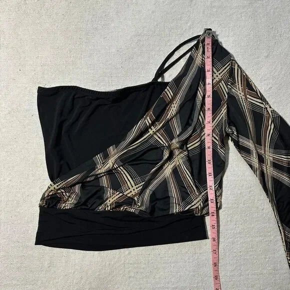 Rave Women's Small Black/Brown Abstract One Shoulder Top with Flared Sleeve - Picture 6 of 7